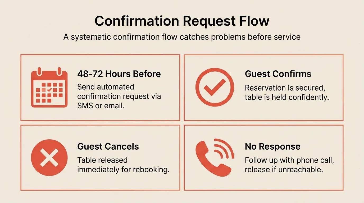 A 2x2 solution infographic on plain solid cream background (#F2EAE1). Title: 'Confirmation Request Flow'. Four cells: (1) Calendar icon - '48-72 Hours Before' - Send automated confirmation request via SMS or email. (2) Checkmark icon - 'Guest Confirms' - Reservation is secured, table is held confidently. (3) X icon - 'Guest Cancels' - Table released immediately for rebooking. (4) Phone icon - 'No Response' - Follow up with phone call, release if unreachable. Coral icons (#E5503E), clean professional style, NO background image