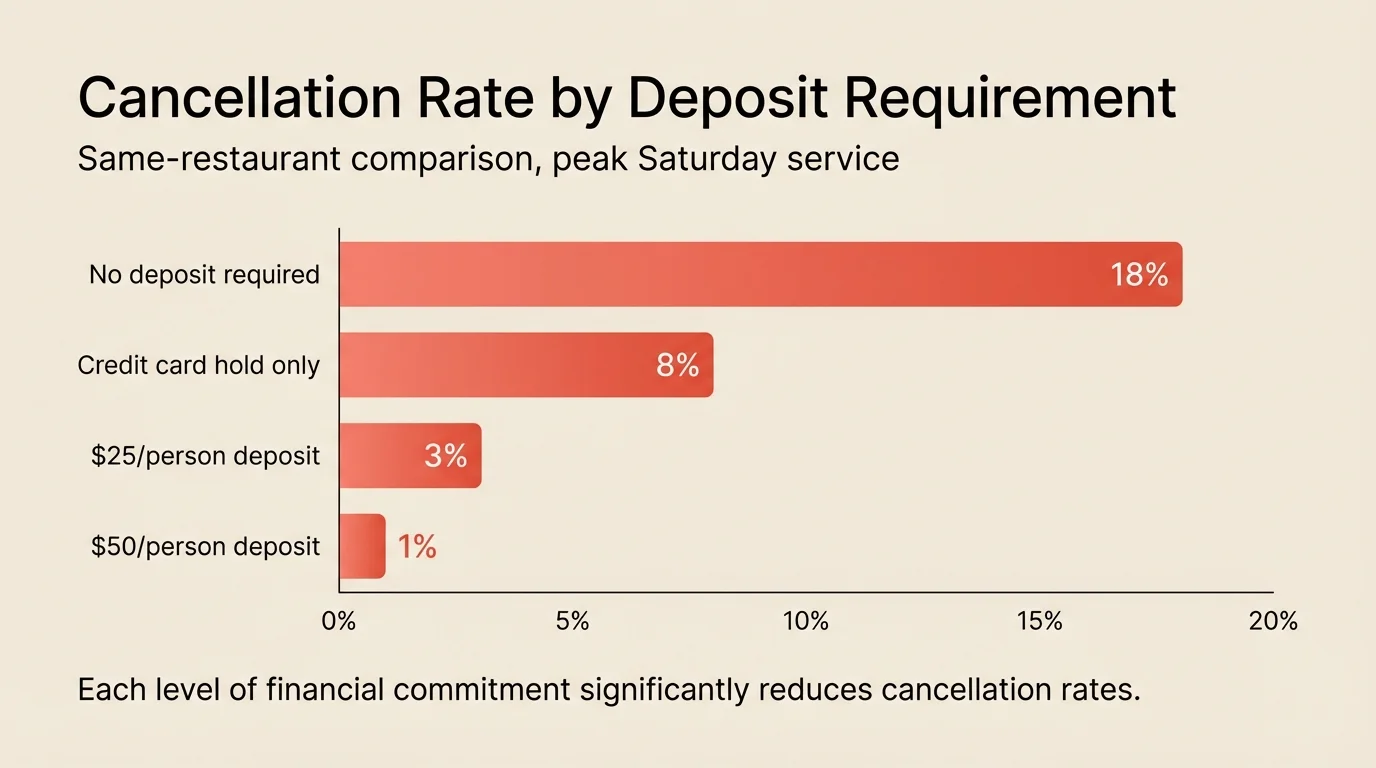 A clean horizontal bar chart. Headline: 'Cancellation Rate by Deposit Requirement'. Subtitle: 'Same-restaurant comparison, peak Saturday service'. Y-axis labels: No deposit required, Credit card hold only, $25/person deposit, $50/person deposit. X-axis: percentage scale from 0% to 20%. Four horizontal bars with gradient fill in coral color, values displayed at end of each bar: 18%, 8%, 3%, 1%. Solid warm cream background only, no background image, professional minimal style