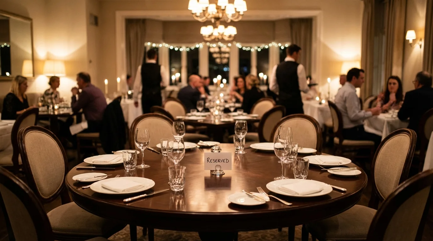 A restaurant dining room during evening service, warm lighting. One large round table in focus with Reserved sign and untouched place settings for six guests. Empty chairs pushed in neatly. Background shows other tables with diners, slightly blurred. Atmosphere of anticipation and missed opportunity