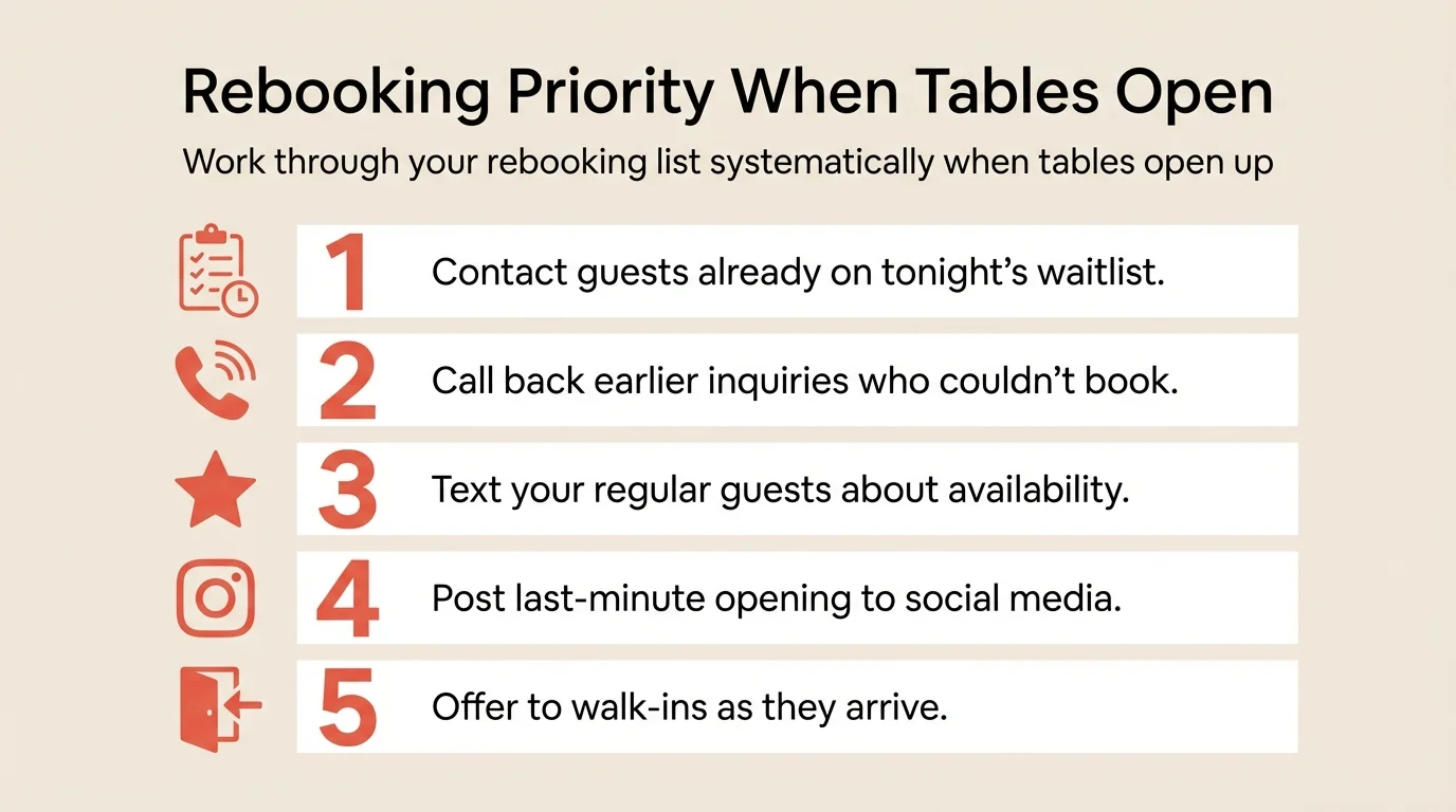 A vertical numbered list infographic on plain solid cream background (#F2EAE1). Title: 'Rebooking Priority When Tables Open'. Five numbered items with icons: (1) Waitlist icon - Contact guests already on tonight's waitlist. (2) Phone icon - Call back earlier inquiries who couldn't book. (3) Star icon - Text your regular guests about availability. (4) Instagram icon - Post last-minute opening to social media. (5) Door icon - Offer to walk-ins as they arrive. Coral icons (#E5503E) and accent numbers, clean professional style, NO background image