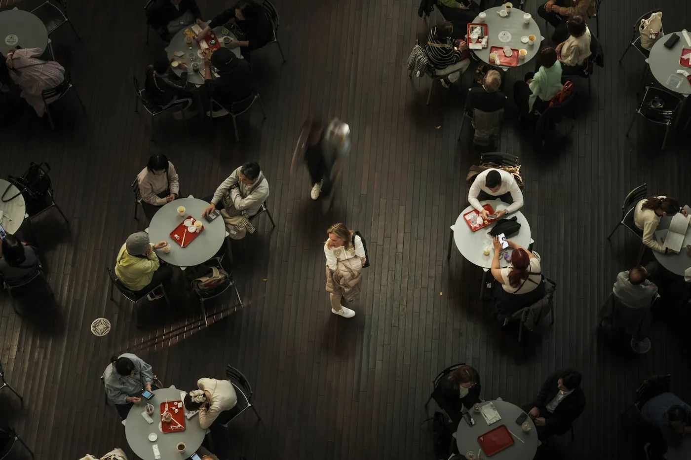 Overhead view of restaurant dining tables and seating layout