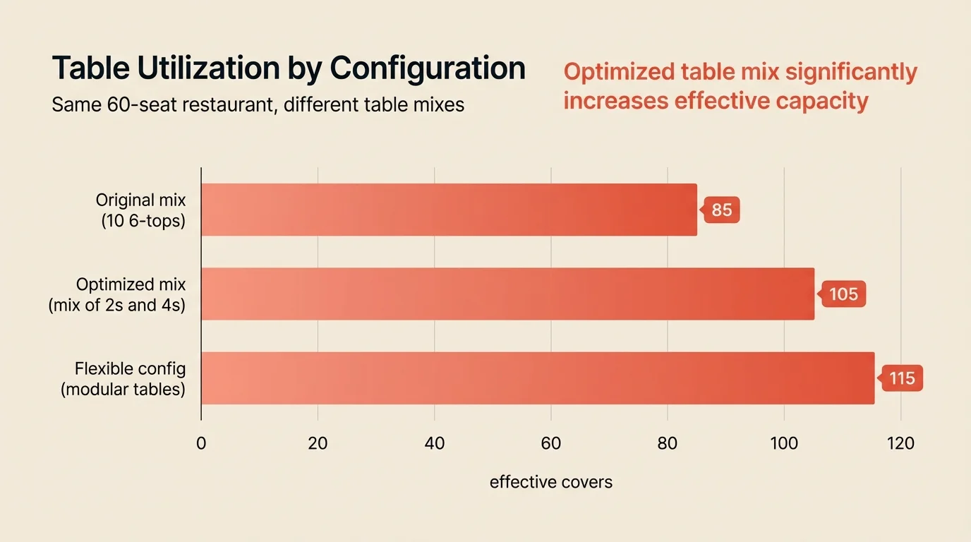 A clean horizontal bar chart. Headline: 'Table Utilization by Configuration'. Subtitle: 'Same 60-seat restaurant, different table mixes'. Y-axis labels: Original mix (10 6-tops), Optimized mix (mix of 2s and 4s), Flexible config (modular tables). X-axis: effective covers scale from 0 to 120. Three horizontal bars with gradient fill in coral color showing: Original 85 covers, Optimized 105 covers, Flexible 115 covers. Solid warm cream background (#F2EAE1), no background image, professional minimal style