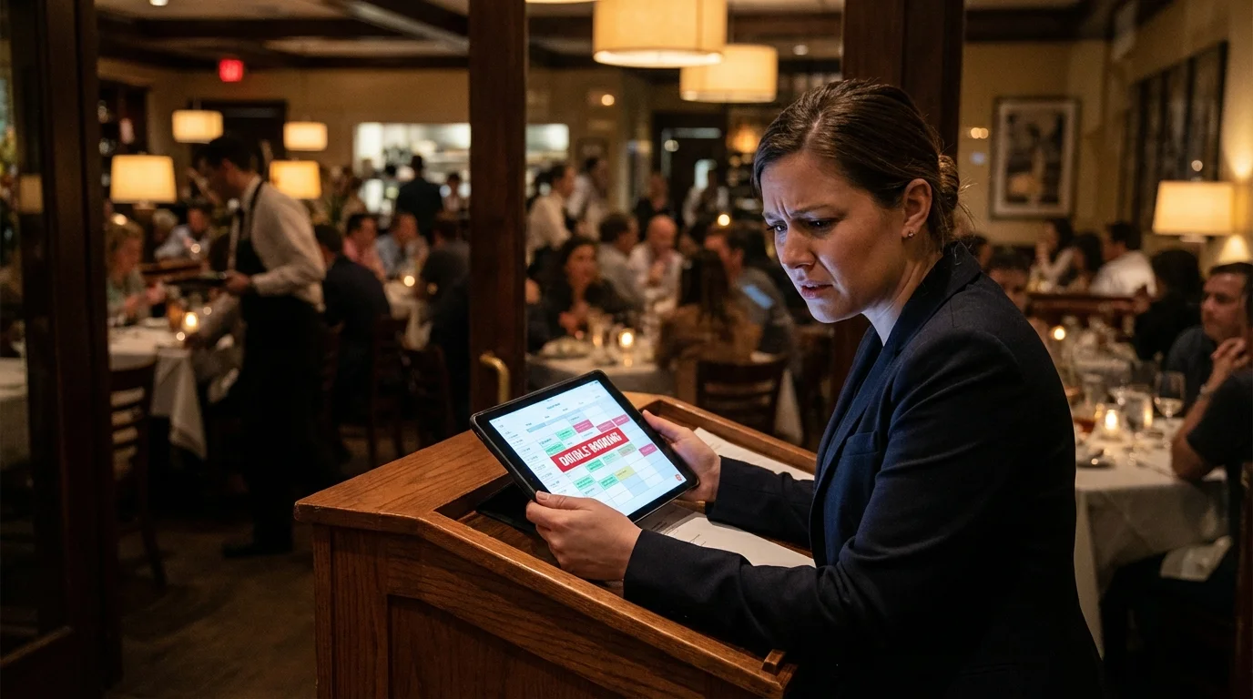 A restaurant host stand during evening service, showing a host looking concerned while reviewing a tablet with the reservation screen. The dining room is visible behind, busy with guests. The scene conveys the moment of discovering a scheduling conflict, not angry, but clearly a problem to solve