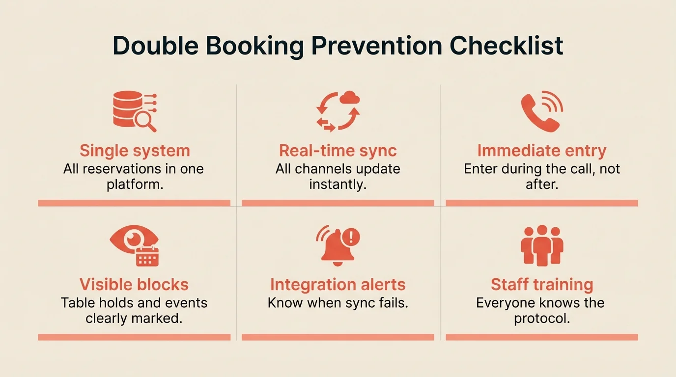 A 2x3 solution infographic on plain solid cream background (#F2EAE1). Title: 'Double Booking Prevention Checklist'. Six cells: (1) Database icon - 'Single system' - All reservations in one platform. (2) Sync icon - 'Real-time sync' - All channels update instantly. (3) Phone icon - 'Immediate entry' - Enter during the call, not after. (4) Eye icon - 'Visible blocks' - Table holds and events clearly marked. (5) Bell icon - 'Integration alerts' - Know when sync fails. (6) Users icon - 'Staff training' - Everyone knows the protocol. Coral icons (#E5503E), clean professional style, NO background image
