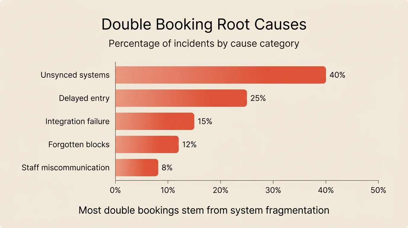A clean horizontal bar chart. Headline: 'Double Booking Root Causes'. Subtitle: 'Percentage of incidents by cause category'. Y-axis labels: Unsynced systems, Delayed entry, Integration failure, Forgotten blocks, Staff miscommunication. X-axis: percentage scale from 0% to 50%. Five horizontal bars with gradient fill in coral color showing: Unsynced systems 40%, Delayed entry 25%, Integration failure 15%, Forgotten blocks 12%, Staff miscommunication 8%. Solid warm cream background (#F2EAE1), no background image, professional minimal style