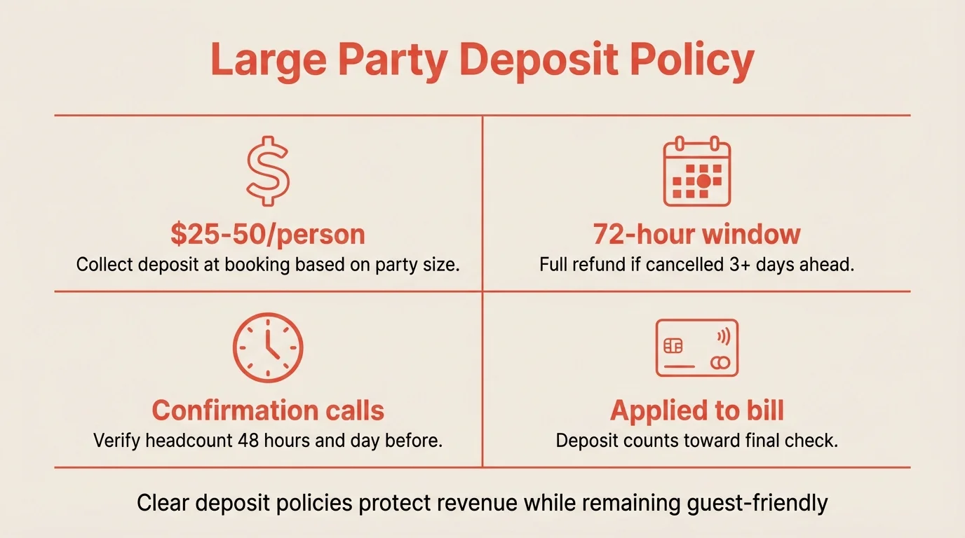 A 2x2 solution infographic on plain solid cream background (#F2EAE1). Title: 'Large Party Deposit Policy'. Four cells: (1) Dollar sign icon - '$25-50/person' - Collect deposit at booking based on party size. (2) Calendar icon - '72-hour window' - Full refund if cancelled 3+ days ahead. (3) Clock icon - 'Confirmation calls' - Verify headcount 48 hours and day before. (4) Credit card icon - 'Applied to bill' - Deposit counts toward final check. Coral icons (#E5503E), clean professional style, NO background image
