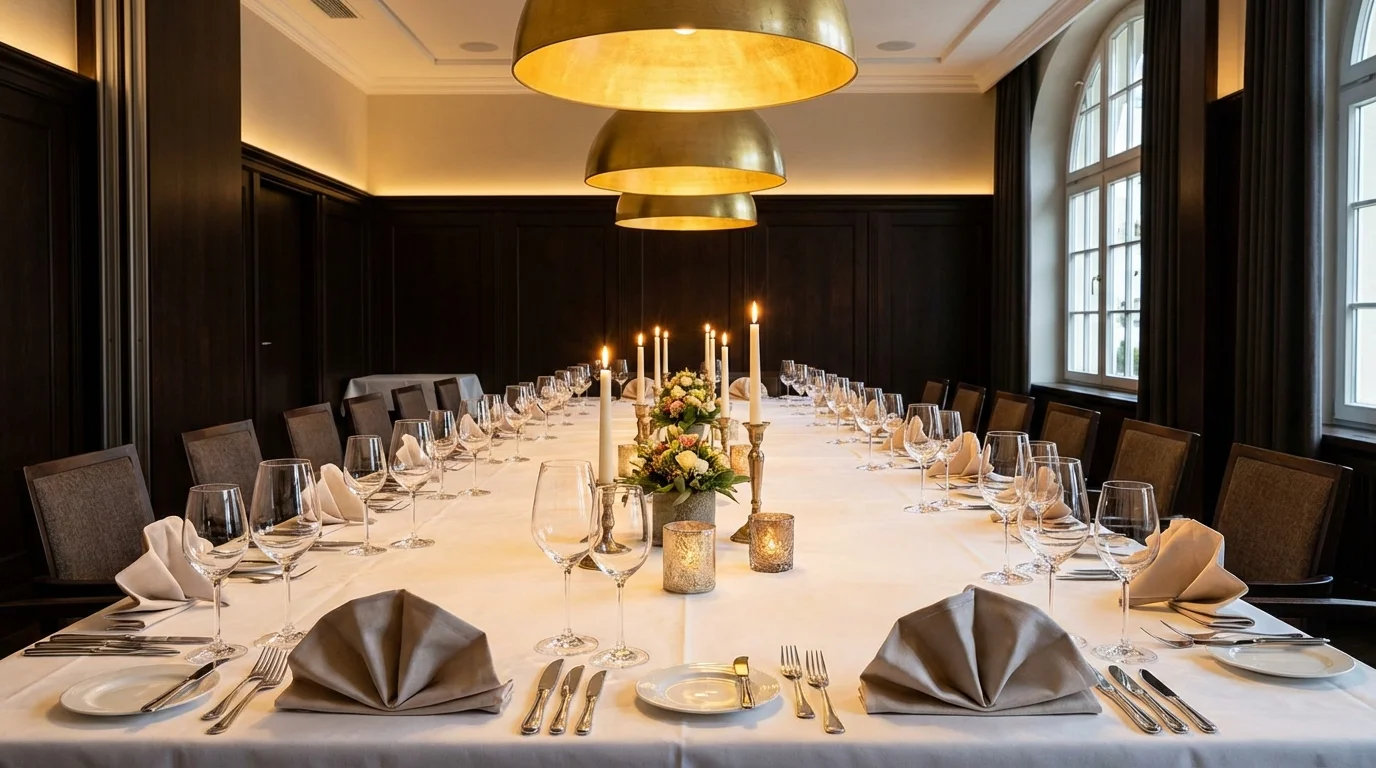 An elegant long table set for a large party in a restaurant private dining area. White tablecloth, multiple place settings with wine glasses and folded napkins arranged in a row, candles down the center. Warm pendant lighting above. No people visible. Intimate yet spacious atmosphere