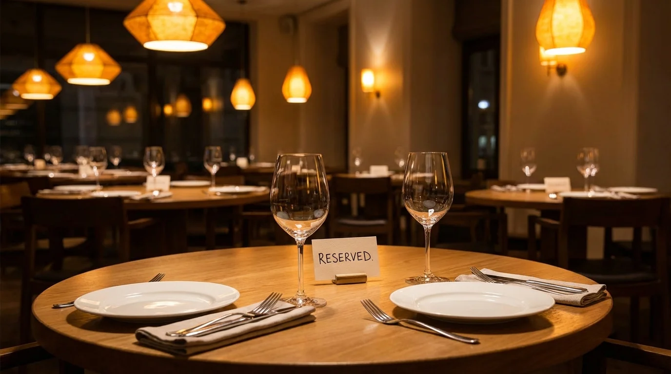 A warm restaurant dining room, focus on one empty table in the foreground with a Reserved sign, untouched place settings, and empty wine glasses. Background tables softly blurred with warm ambient lighting from pendant lamps. No people visible. Evening atmosphere, slight sense of missed opportunity