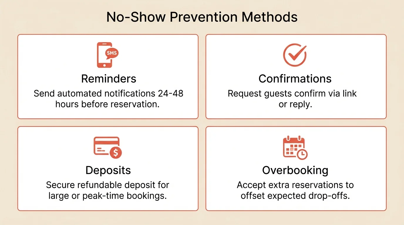 A 2x2 solution infographic on plain solid cream background (#F2EAE1). Title: 'No-Show Prevention Methods'. Four cells: (1) Phone/SMS icon - 'Reminders' - Send automated notifications 24-48 hours before reservation. (2) Checkmark icon - 'Confirmations' - Request guests confirm via link or reply. (3) Credit card icon - 'Deposits' - Secure refundable deposit for large or peak-time bookings. (4) Calendar icon - 'Overbooking' - Accept extra reservations to offset expected drop-offs. Coral icons (#E5503E), clean professional style, NO background image