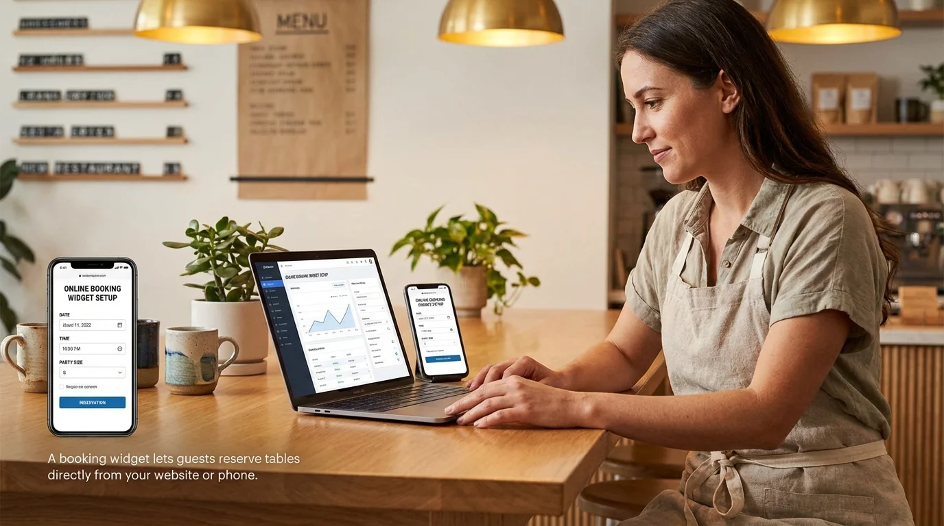 A restaurant owner setting up an online booking widget on a laptop, with a smartphone showing the guest-facing reservation form beside it. Clean modern workspace, warm lighting, the booking form shows date, time, and party size fields