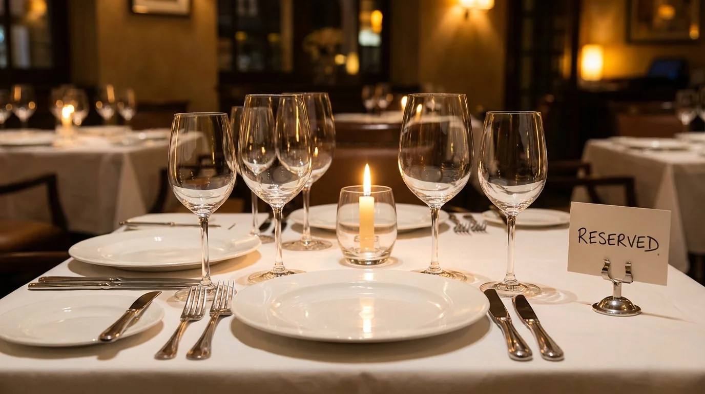 An elegant fine dining table setting for two, focused on pristine white plates, polished silverware, and crystal glasses on crisp linen. Soft candlelight reflects off wine glasses. No people. Shallow depth of field, warm intimate atmosphere, evening service. Reserved sign visible at edge of frame