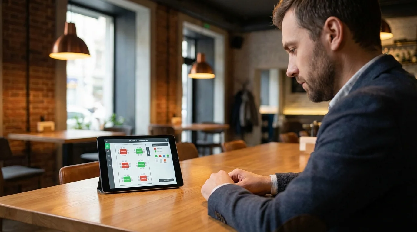 A restaurant manager setting up a reservation system on a tablet, with a visual floor plan displayed on the screen showing tables and sections. Modern restaurant interior, clean workspace, warm lighting