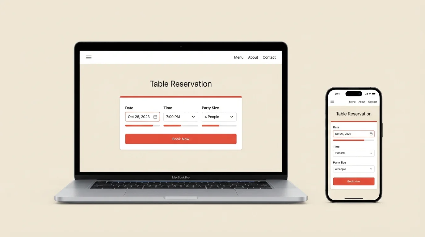 A restaurant website on a laptop and mobile phone, showing a clean booking widget prominently displayed. The widget shows date, time, and party size selection. Clean modern design, warm colors. The scene demonstrates accessible, cross-device reservation capability