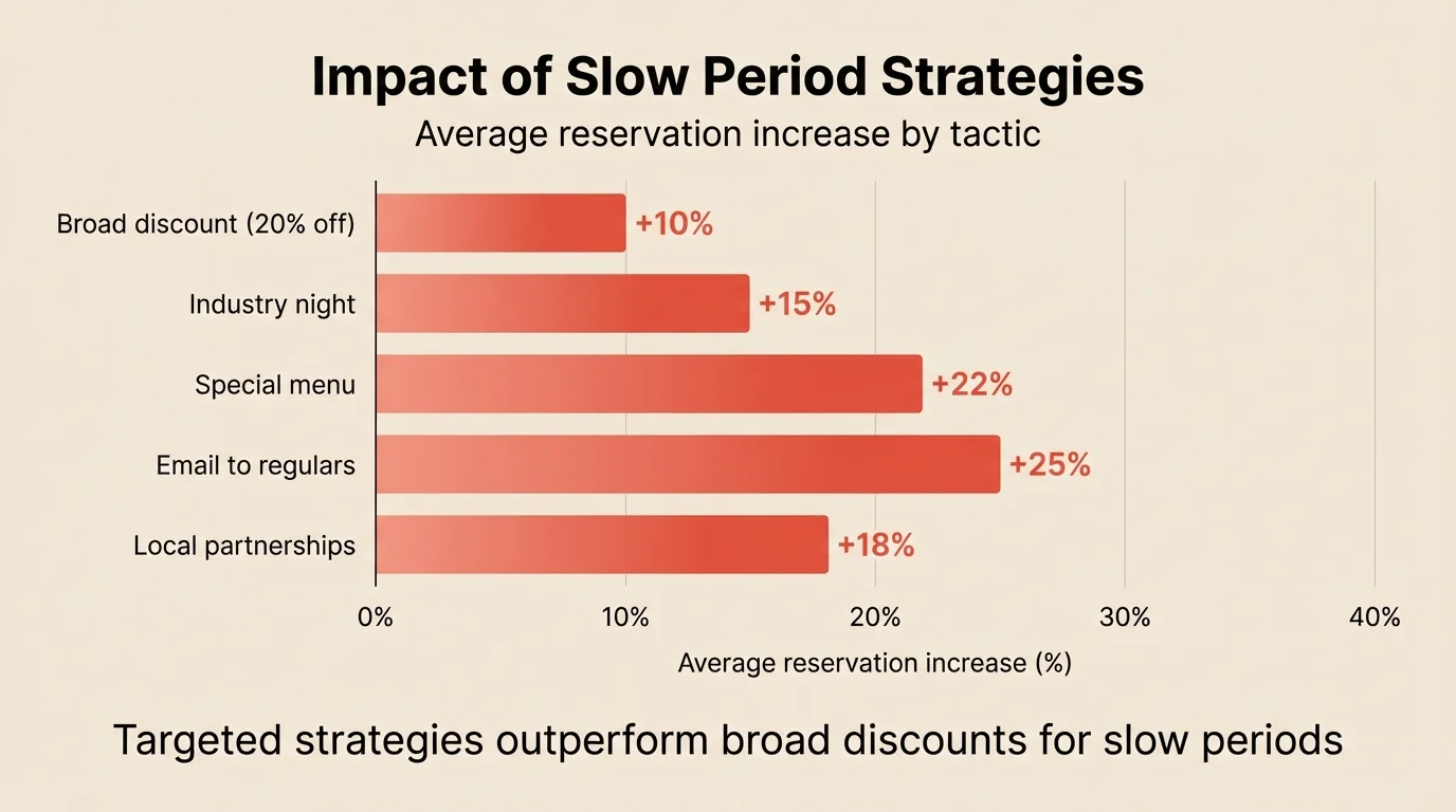 A clean horizontal bar chart. Headline: 'Impact of Slow Period Strategies'. Subtitle: 'Average reservation increase by tactic'. Y-axis labels: Broad discount (20% off), Industry night, Special menu, Email to regulars, Local partnerships. X-axis: percentage scale from 0% to 40%. Five horizontal bars with gradient fill in coral color showing: Broad discount +10%, Industry night +15%, Special menu +22%, Email campaign +25%, Partnerships +18%. Solid warm cream background (#F2EAE1), no background image, professional minimal style