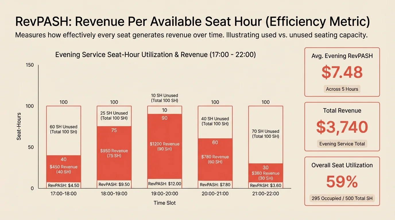 A warm restaurant dining room during evening service, showing a mix of occupied and empty tables. Some tables with guests mid-meal, others freshly set awaiting the next party. Warm pendant lighting, evening atmosphere. The scene illustrates both used and unused seating capacity