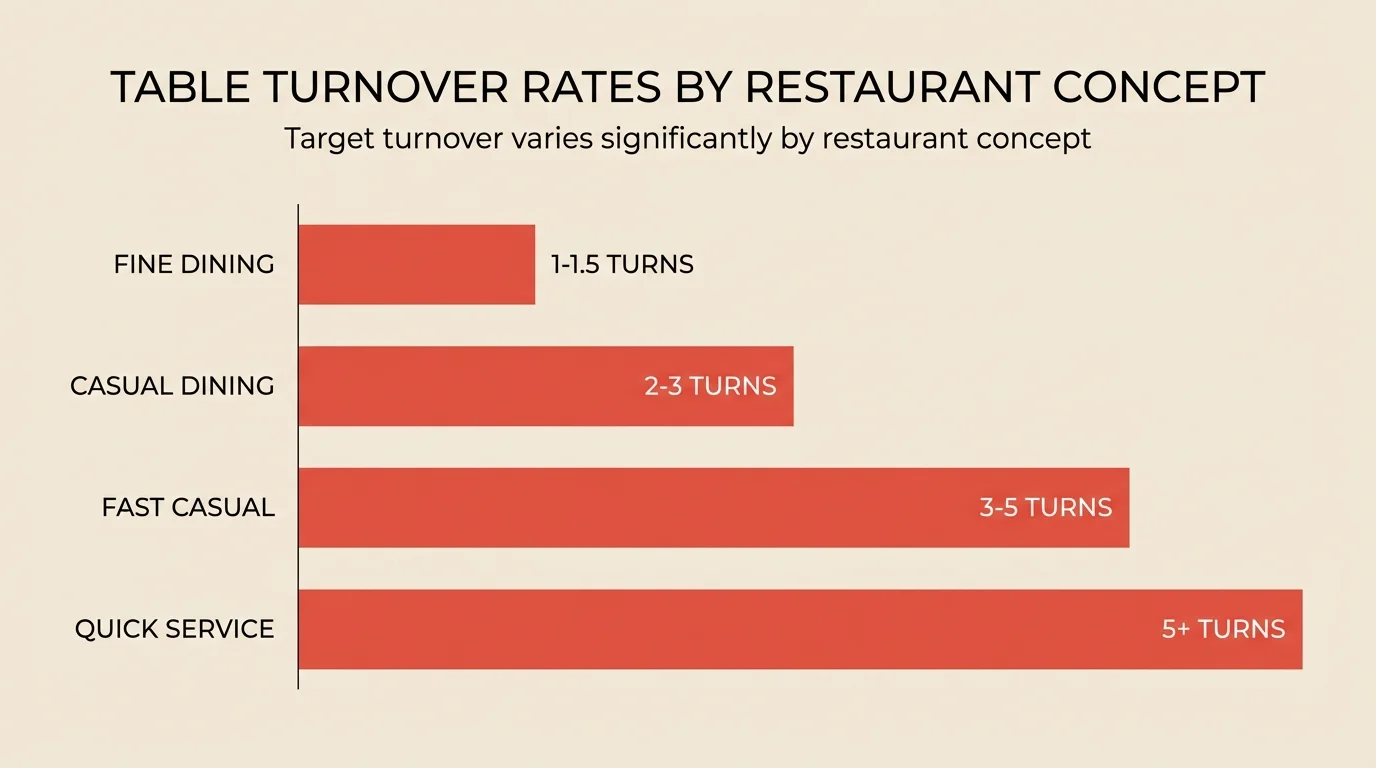 A horizontal bar chart comparing table turnover rates across restaurant types, showing fine dining at 1-1.5, casual dining at 2-3, fast casual at 3-5, and quick service at 5+ turns