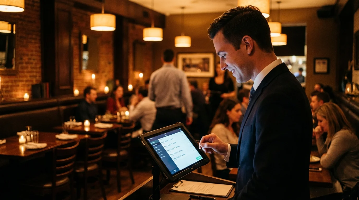 A restaurant host stand during a busy evening, tablet or screen visible showing a waitlist interface. Warm ambient lighting, dining room visible in background with occupied tables. The scene conveys organized management of a busy service without chaos