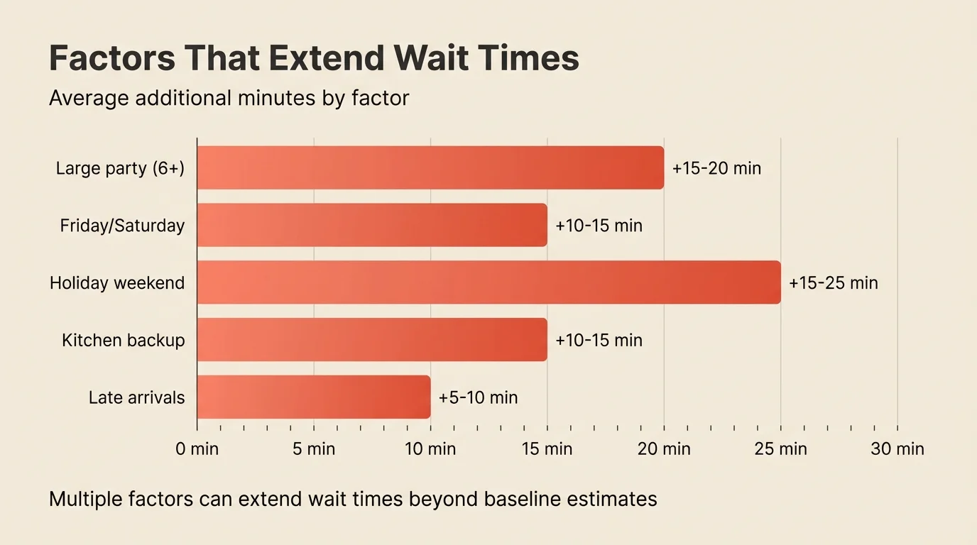 A clean horizontal bar chart. Headline: 'Factors That Extend Wait Times'. Subtitle: 'Average additional minutes by factor'. Y-axis labels: Large party (6+), Friday/Saturday, Holiday weekend, Kitchen backup, Late arrivals. X-axis: time scale from 0 to 30 minutes. Five horizontal bars with gradient fill in coral color showing: Large party +15-20 min, Friday/Saturday +10-15 min, Holiday +15-25 min, Kitchen +10-15 min, Late arrivals +5-10 min. Solid warm cream background (#F2EAE1), no background image, professional minimal style